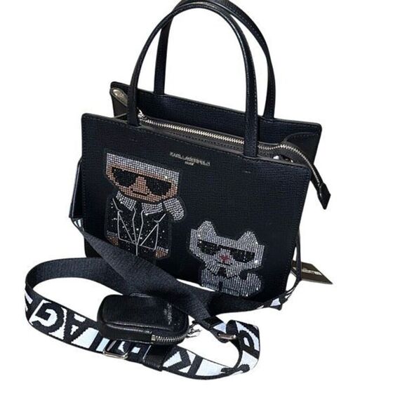 Karl Lagerfeld Womens Maybelle Rhinestone Satchel Crossbody‎ Black Medium NWT - Picture 1 of 11